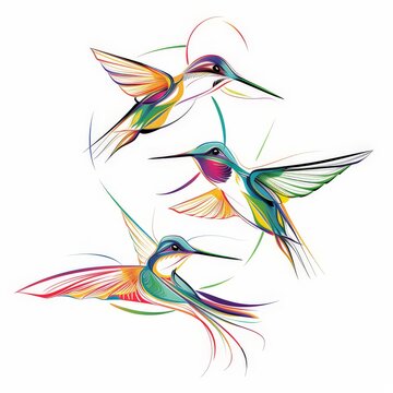recommend clip art: Colorful Elegant colibri bird line art, showcasing abstract hummingbirds in a minimalist wall art style, on a clean white background