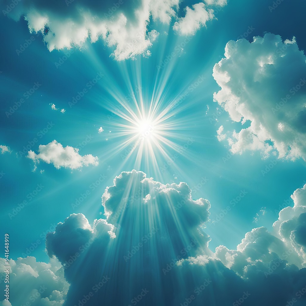 Wall mural blue sky background with tiny clouds and sun rays. copy space.