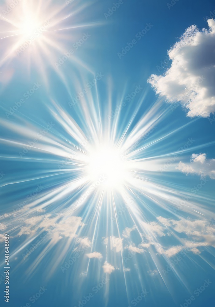 Wall mural blue sky background with tiny clouds and sun rays. copy space.