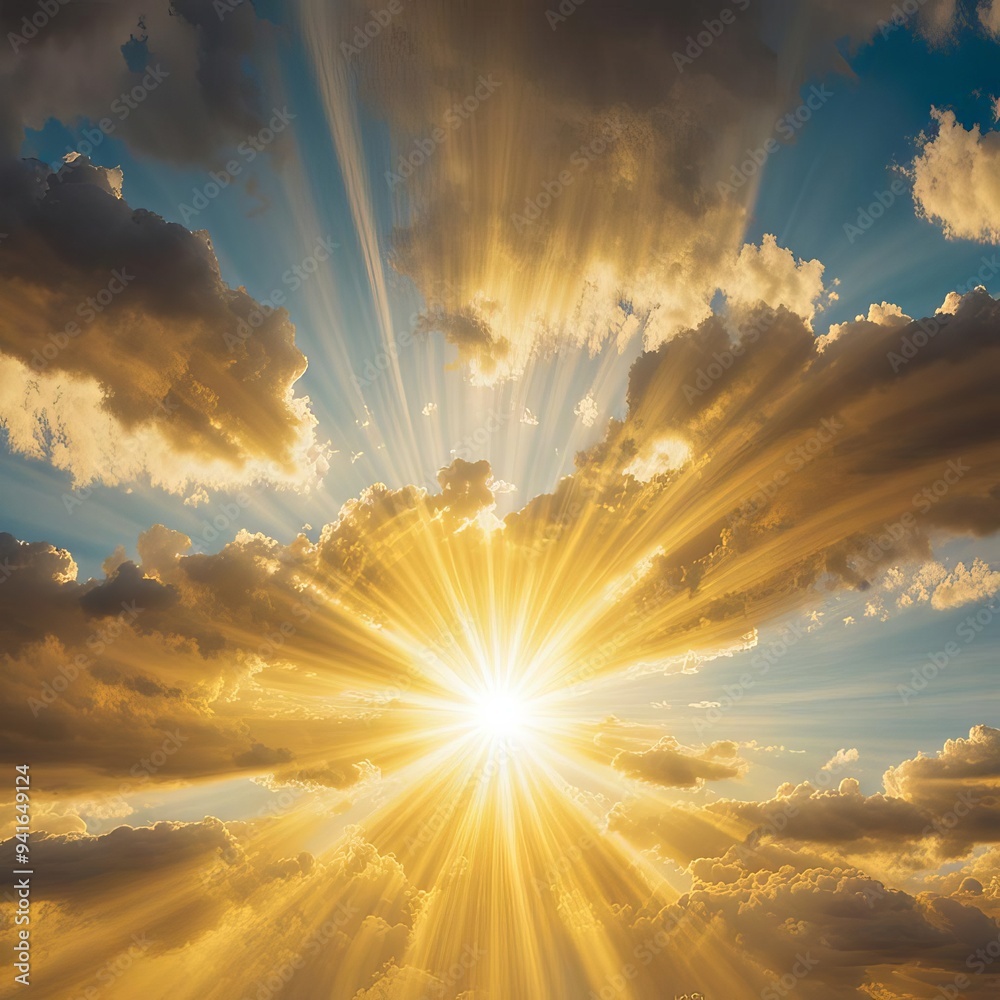 Wall mural blue sky background with tiny clouds and sun rays. copy space.