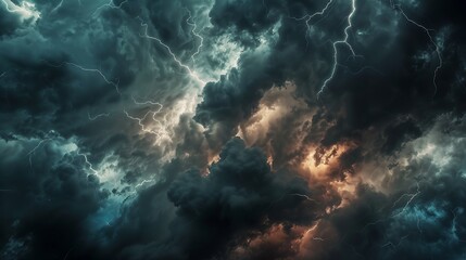 A dramatic sky filled with dark clouds and flashes of lightning.