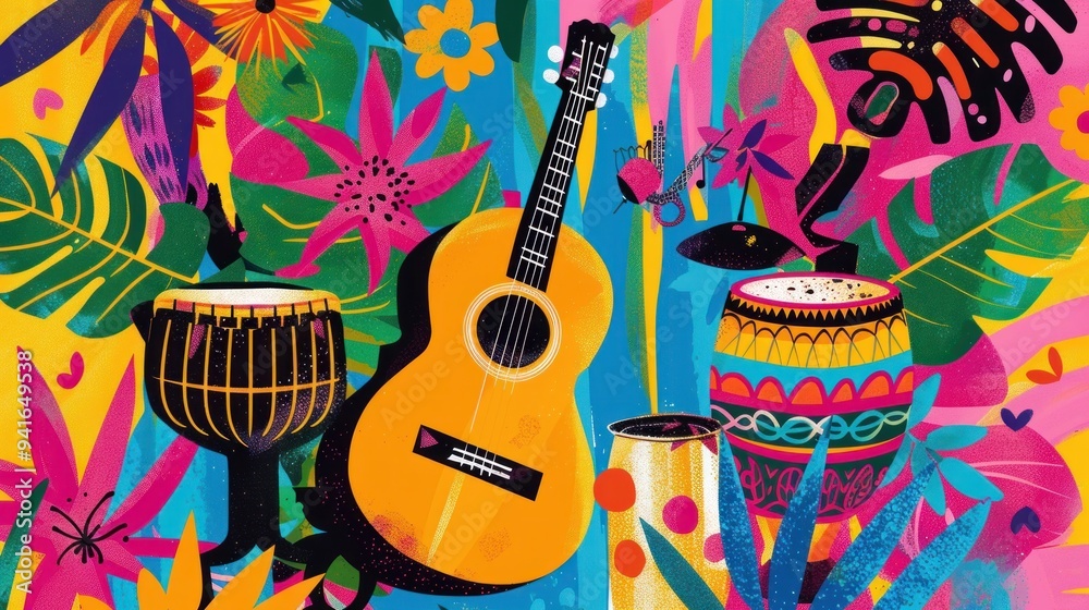 Wall mural Colorful abstract tropical illustration with guitar, drums and flowers.