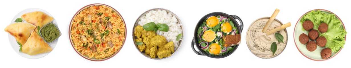 Hummus, samosas, falafel balls, pilaf, shakshuka and rice with curry on white background, top view. Collection with dishes of different national traditional cuisines