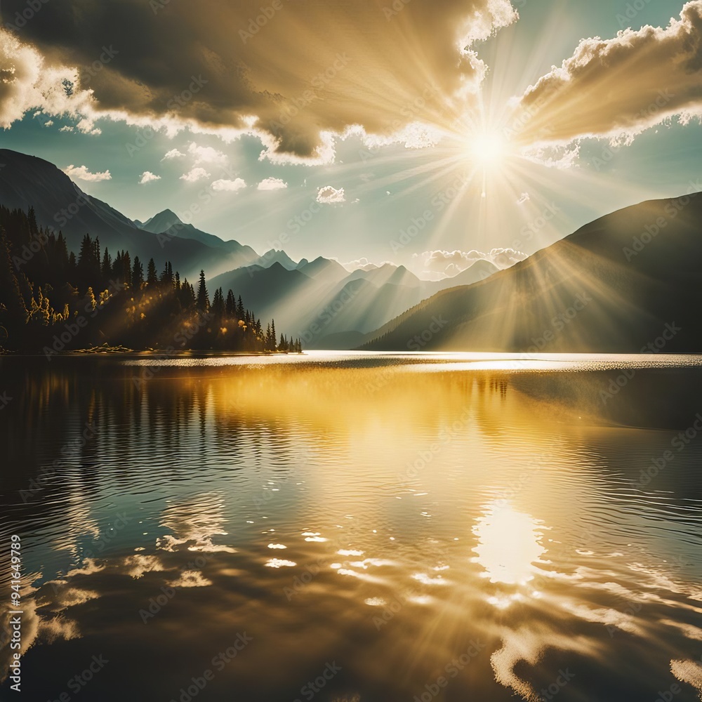 Wall mural blue sky background with tiny clouds and sun rays. copy space.