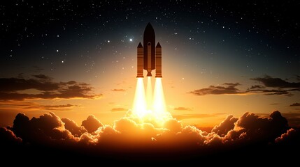 Obraz premium A stunning rocket launch at sunset, showcasing powerful flames and clouds against a starry sky. Perfect for space-themed projects.