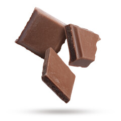 Pieces of sweet chocolate falling on white background