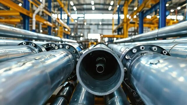 Close-up of shiny metal pipes in a factory setting.