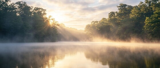 Foggy Sunrise Over a Tranquil Lake in a Lush Forest