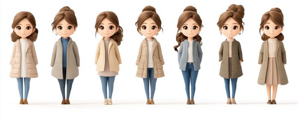 Fototapeta premium Charming collection of doll-like figures showcasing stylish outfits and various poses, ideal for fashion and design inspiration.