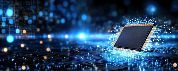 Futuristic technology background featuring a glowing display with digital sparks, ideal for tech and innovation themes.