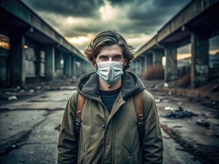 Dystopian Mask: Apocalyptic, unsettling, person wearing a face mask in a desolate setting, muted colors, harsh lighting