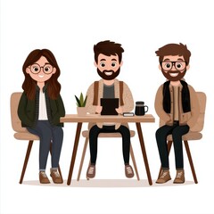 Fototapeta premium Three friends gather around a table, engaged in a lively discussion over coffee with a plant in the background.