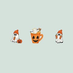 Seamless Halloween pattern featuring cute little ghosts with happy expressions, perfect for festive designs, decorations, kids' themes, and spooky fun projects