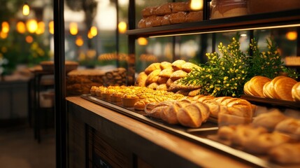 3D bakery display case, fresh bread and pastries, warm and inviting atmosphere, 3D illustration