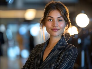 Fototapeta premium Confident Businesswoman Giving Media Interview in Studio Setting