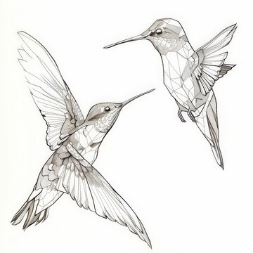 recommend clip art: Modern abstract line drawing of hummingbirds, featuring sleek colibri birds as wall art design icons, isolated on white background
