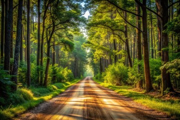 Fototapeta premium Earthy Forest Trail: Serene, Rustic, Unpaved Dirt Road, Lush Greenery, Natural Shadows