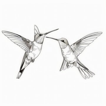 recommend clip art: Modern abstract line drawing of hummingbirds, featuring sleek colibri birds as wall art design icons, isolated on white background