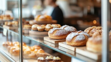 Abstract, blurred focus on the bakery s glass display filled with delicate pastries