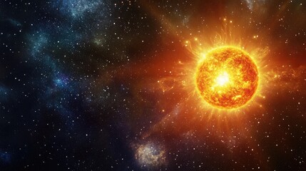 Obraz premium A brilliant sun stands out against a backdrop of stars in the dark sky, creating a striking image of light and darkness in the solar system.