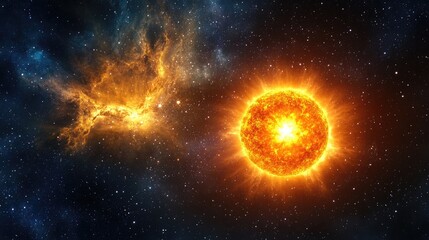 Fototapeta premium A brilliant sun stands out against a backdrop of stars in the dark sky, creating a striking image of light and darkness in the solar system.