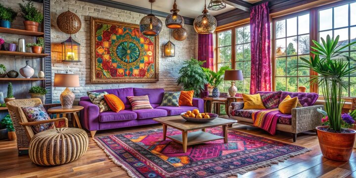 Eclectic Bohemian Retreat: Colorful, Unique, Textured, Patterned, Purple, Orange - Powered by Adobe
