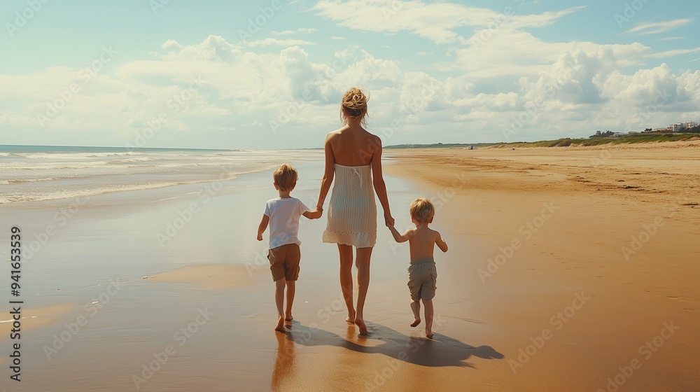 Wall mural a woman and her two children walk hand in hand along a sandy beach under a bright sky during a sunny