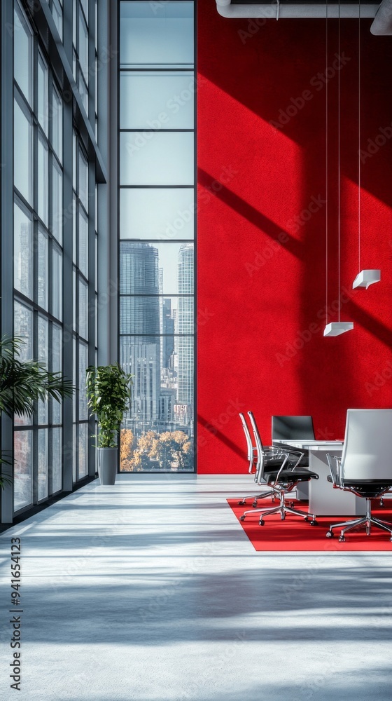 Poster a large conference room with a red wall and a window