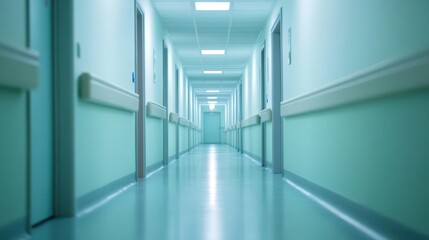 Obraz premium A hospital corridor with a distant, unfocused light at the end, night setting