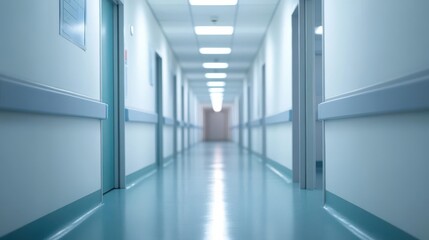 Obraz premium A hospital corridor with a distant, unfocused light at the end, night setting