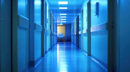 A hospital hallway with a faint glow from a distant room, night setting, background unfocused