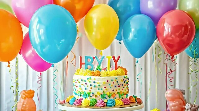 Colorful birthday cake with balloons and confetti.