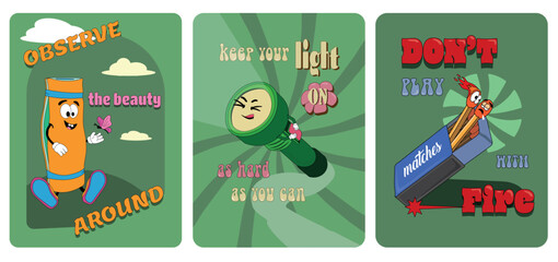 Inspirational posters, stickers, print with funky characters and lettering isolated on white. Flat groovy flashlight, humorous matches, comical sleeping pad. Vector set with good vibes. Hiking and fun