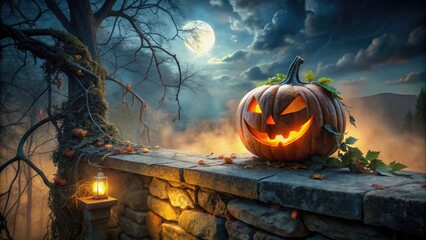 Eerie, glowing jack-o-lantern sits atop a weathered stone wall, surrounded by twisted vines and eerie mist, casting an ominous, orange-hued ambiance on a dark autumn night.