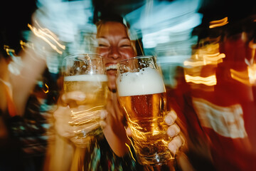 Happy smiling woman holding beer glass in hands, photo taken with motion blur effect. Oktoberfest, beer festival, party.