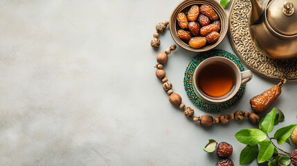 Ramadan food and drinks concept. Ramadan wood rosary, tea, and dates fruits on light background