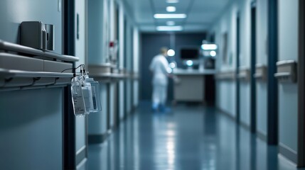 Fototapeta premium A nighttime hospital hallway with an unfocused nurse s station in the background