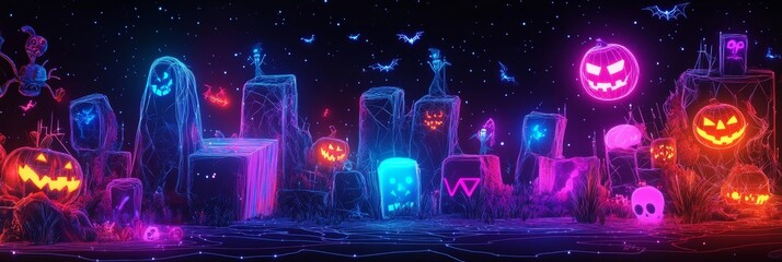 A mesmerizing Halloween scene with neon glowing outlines of pumpkins, ghosts, bats, and other spooky elements. This digital artwork captures the essence of Halloween with vibrant colors and a futurist