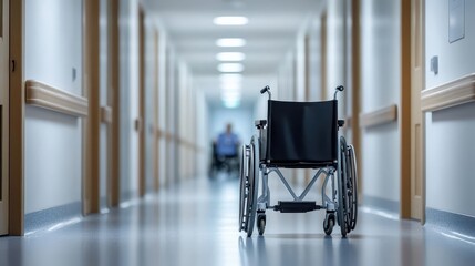 A quiet hospital corridor, night setting, with an unfocused wheelchair in the background