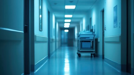 Fototapeta premium A quiet hospital corridor at night, with an unfocused medical cart in the background