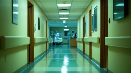 Fototapeta premium A quiet hospital hallway, night shift, with a nurse s station unfocused in the background