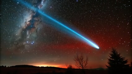 Comet Streaking Across Night Sky With Milky Way and Stars