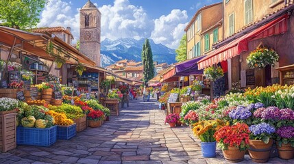 Fototapeta premium A bustling summer market scene with vibrant flower stalls and fresh produce,