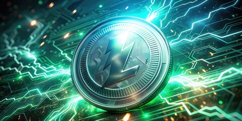Electrically Charged Litecoin: Shimmering, electrifying, neon, cyberpunk, silver, emerald, glowing