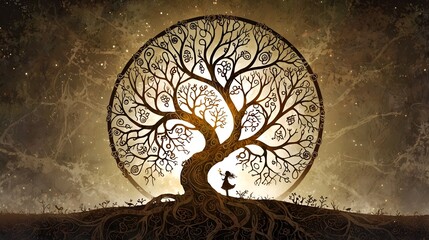 A meaningful background showcasing an abstract tree of life, with intricate branches and roots forming a mystical, glowing silhouette against a celestial backdrop.