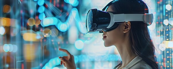 Businesswoman Exploring Futuristic Financial Planning Tools in Virtual Reality