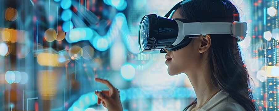 Businesswoman Exploring Futuristic Financial Planning Tools in Virtual Reality