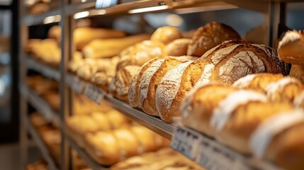 Warmtoned, softfocus blur of a bakery with rows of fresh bread on the shelves