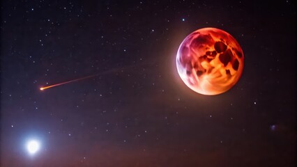 Fototapeta premium Blood Moon, Shooting Star, and Distant Star in Night Sky