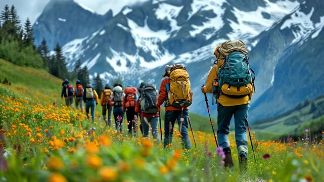 A group of hikers strolls down a lovely mountain hill with their bags and trekking poles in tow.